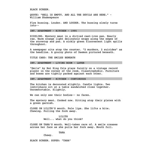 Read the first page of “The Smiles Beneath” on the second slide! So excited to get this sequel anthology going!! - - - - #horror #script #scriptwriting #horrormovies #scary #scarymovie #thesmilesbeneath How To Write A Scary Scene, Scary 2 Sentence Stories, Do The Scary Thing First Quote, What’s Your Favorite Scary Movie, What’s Your Favourite Scary Movie, Time Order Words, Review Essay, Writing Tasks, It Takes Two