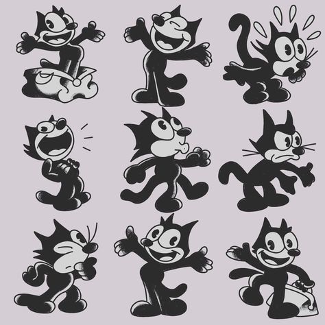 Felix The Cat Tattoo Ideas, Cat Sketch Cartoon, Trad Cat Tattoo, Felix The Cat Tattoo, Felix Tattoo, 1930s Cartoons, Old Cartoon Characters, Cartoon Cats, Felix The Cat