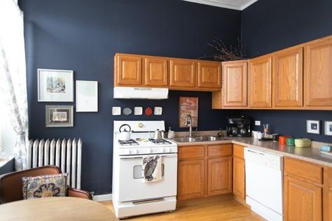 How to deal with standard honey oak cabinets when you can't do anything about them... Paint the walls midnight blue. | theKitchn Kitchen Spotlights, Blue Kitchen Walls, Sf Apartment, Honey Oak Cabinets, Kitchen 2020, Painting Oak Cabinets, House Redo, Rental Kitchen, Chicago Apartment