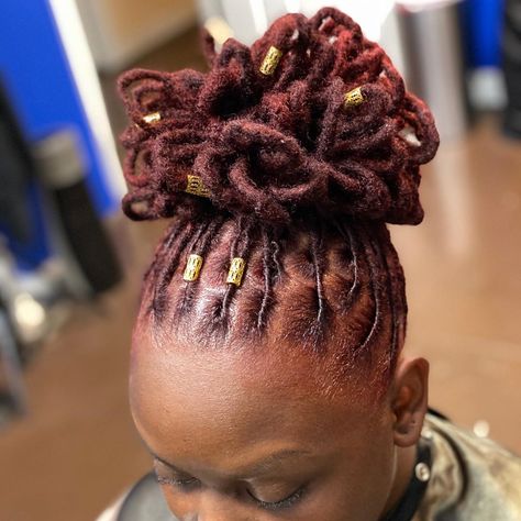 Black And Burgundy Locs, Curled Dreadlocks, Petal Bun Locs, Loc Petal Bun, Burgundy Locs, Short Dreadlocks, Dreadlocks Styles, Short Dreadlocks Styles, Hair Items