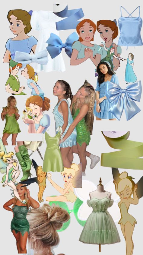 Tinkerbell and Wendy 💙💚 Gangster Halloween Costumes, Tinkerbell Halloween Costume, Blonde Halloween Costumes, Halloween Duos, Cute Group Halloween Costumes, Classy Halloween Costumes, Matching Halloween Costumes, Bff Halloween Costumes, Trio Halloween Costumes