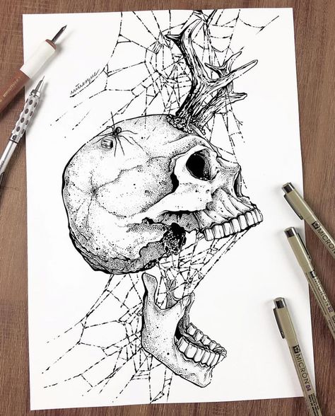 Artwork by @ninesque  Really amazing work! Check out her page for more! Follow us @deathless.art  #deathlessart… Cool Drawings Creative, Skeleton Drawings, Creepy Drawings, Skulls Drawing, Skull Illustration, Skeleton Art, Dark Art Drawings, Lowbrow Art, Skull Drawing