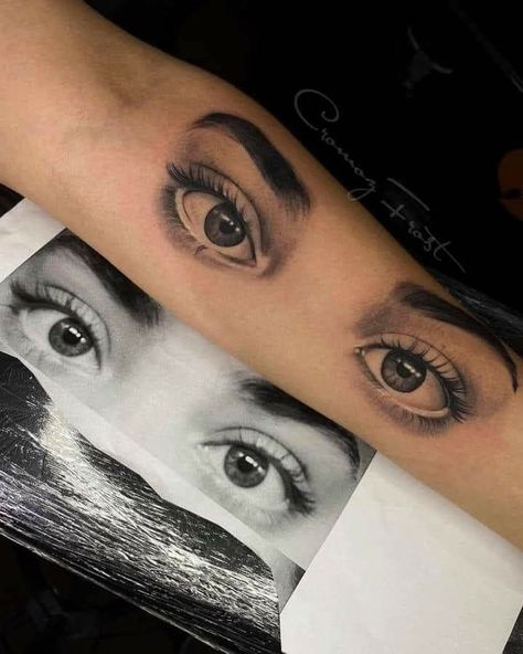 Eyes Tatoos Design Men, Eyes Tattoo Ideas Women, Women’s Eyes Tattoo, Moms Eyes Tattoo, Wifes Eyes Tattoo, Guy Tattoos For Girlfriend, Her Eyes Tattoo, Girlfriend Eyes Tattoo On Boyfriend, Human Eyes Tattoo