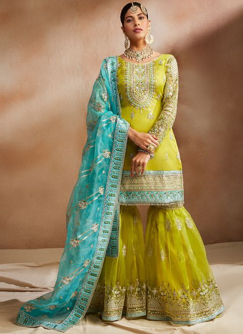 Lime Green and Pink Embroidered Punjabi Suit– Lashkaraa