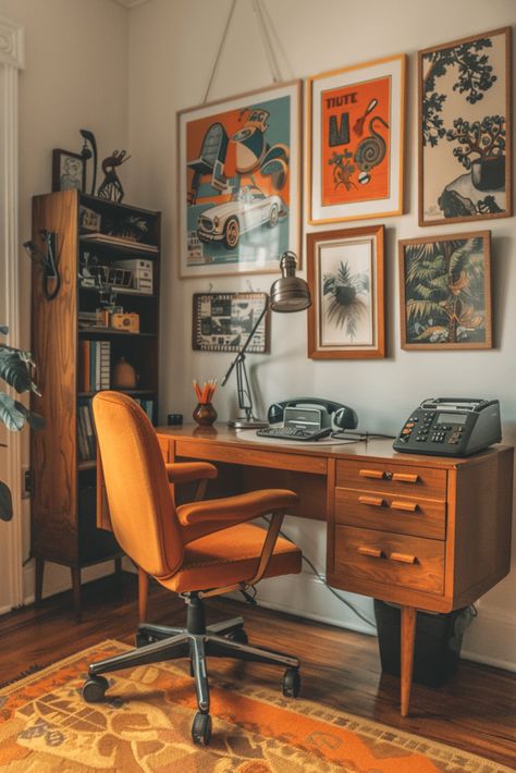 Vintage Retro Bedroom Ideas, Home Office Vintage Decor, Mid Century Modern Boho Home Office, Home Office Design Mid Century Modern, Vintage Desk And Chair, Retro Home Ideas, 1950s Room Decor, Mid Century Studio Apartment, Mid Century Modern Studio Apartment