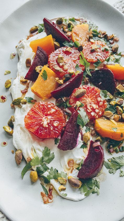 Easy to make, and make ahead, this salad is as beautiful to look at as it is an experience to eat. Sweet, tangy, syrupy, beautifully hued beets and blood oranges are layered atop a rich and creamy Labneh backdrop, punctuated by the crunch of pistachios. See More Low Carb, Keto Salad Recipes at A Cultivated Living Roasted Beet Salad, Healthy Probiotics, Beet Salad, Roasted Beets, Blood Orange, Beets, Salad Recipes, Nuts, Food Photography