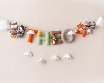 Felt Garland Nursery, Baby Name Banners, Woodland Ornaments, Felt Name Banner, Felt Kids, Felt Name, Garland Nursery, Felt Creations, Baby Wall