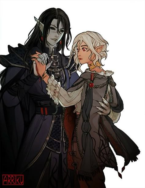 Elf X Human Couple, Dnd Casual Clothes, Dnd Siblings, Elf X Human, Vampire Dnd Character, Dnd Group Art, Dnd Romance, Dnd Couple, Drow Oc