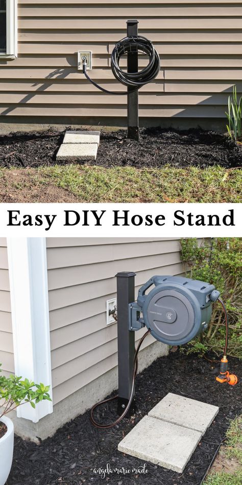 Learn how to build a DIY hose stand for a standard hose or a retractable hose reel and learn how to upgrade your hoses! This DIY garden hose holder is an easy outdoor DIY project! Garden Hose Spigot, Easy Outdoor Diy, Hose Stand, Retractable Hose Reel, Retractable Garden Hose Reel, Water Hose Holder, Garden Hose Storage, Yard Ideas Backyard, Garden Hose Holder