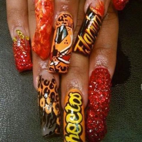 Hot Cheeto nails. Dangerously cheesy Fail Nails, Design Fails, Hot Nails, Fabulous Nails, Beautiful Nail Art, Bling Nails, Nail Games, Swag Nails, How To Do Nails