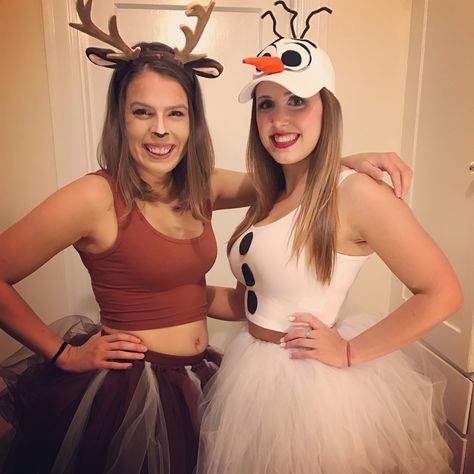 Sven and Olaf costumes                                                                                                                                                                                 More Sven And Olaf Costumes, Olaf Halloween Costume Woman, Olaf And Sven Costume, Olaf Costume Women, Sven Costume Diy Women, Diy Olaf Costume Women, Holiday Characters Spirit Week, Olaf Costume Diy Women, Sven Costume