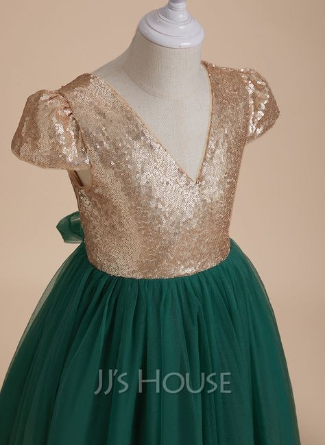 [US$ 30.00] Floor-length Flower Girl Dress - Tulle Sequined Short Sleeves V-neck With Bow(s) V Back Short Flower Dress, Green Flower Girl Dresses, Sequin Flower Girl Dress, Ball Gowns Princess, V Dress, Girl Sleeves, Flower Girl Dresses Tulle, Floor Length Dresses, Flower Girl Dress