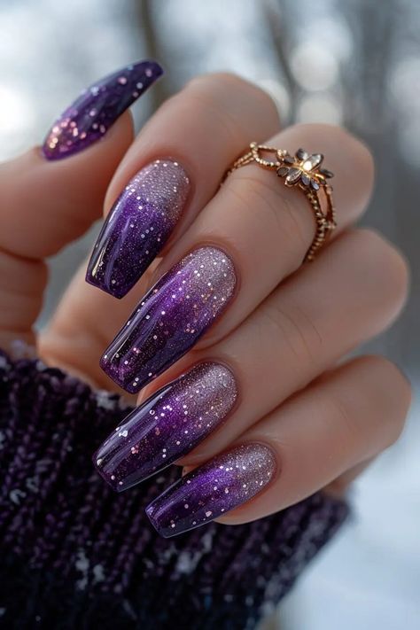 Sparkly Formal Nails, Sparkly Purple Nail Designs, Purple Formal Nails, Glitter Gradient Nails, Birthday Nail Designs, Purple Glitter Nails, Glitter Gradient, Purple Nail Art, Chrome Nails Designs