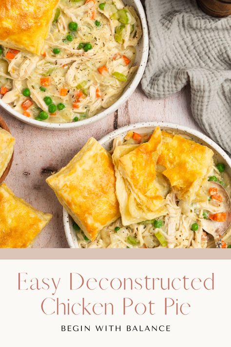 This deconstructed chicken pot pie is one of our favorite recipes for a cozy weeknight dinner. It requires a lot less effort than the classic chicken pot pie without missing any flavor or creamy chicken filling. It's also easily customizable based on any dietary preferences. Deconstructed Pot Pie, Shredded Chicken Pot Pie, Chicken Pot Pie Crustless, Chicken Pot Pie Healthy, Easy Chicken Breast Dinner Recipes, Deconstructed Chicken Pot Pie, Chicken Breast Dinner Recipes, Chicken Pot Pie Easy, Easy Chicken Breast Dinner