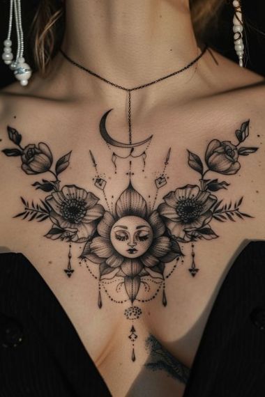 Women Collarbone Tattoo, Neo Traditional Chest Tattoo, Chest Tattoo Designs Female, Chest Tattoo Female Upper, Collar Bone Tattoos, Traditional Chest Tattoo, 40 Tattoo, Collarbone Tattoo, Throat Tattoo