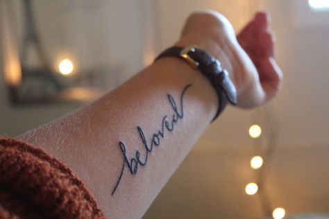 Beloved: a word of intimacy, a word that represents a father's love, a love from a Heavenly Father whose loves never fails. Because I am His Daughter, secure in who He tells me I am. I am loved, I am accepted, I am good enough, I am unique, I am under grace, I am beautiful, I am chosen, I am His. As I hear all of those things over it all I hear him gently whispering " You are my beloved daughter in whom I am well pleased" Matt. 3:17  Font Credit: Natasha Vanderburg Beloved Tattoo Font, I Am Because You Were Tattoo, 17 Font, Chosen Tattoo, I Am Good Enough, Beloved Tattoo, I Am Chosen, Enough Tattoo, Father Daughter Tattoos