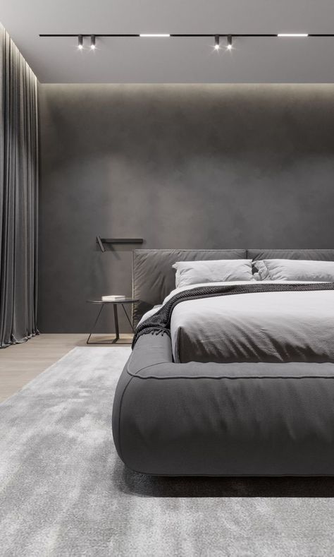 minimalist interior design Minimal Bedrooms, Sleeping Room Design, Black Bedroom Design, Black Cube, Grey Interior, Minimalist Bedroom Design, Architecture 3d, Bedroom Bed Design, Small Room Design