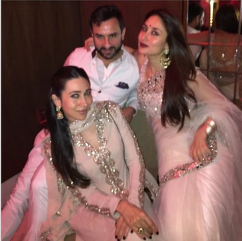 In Photos: Kareena Kapoor Chilling Like A Boss With Hubby Saif Ali Khan & Sister Karisma Kapoor At A Friend's Wedding! | MissMalini Yash Chopra, Kareena Kapoor Saree, Karishma Kapoor, Eastern Fashion, Festive Dress, Karisma Kapoor, Saif Ali Khan, Kareena Kapoor Khan, Instagram Family