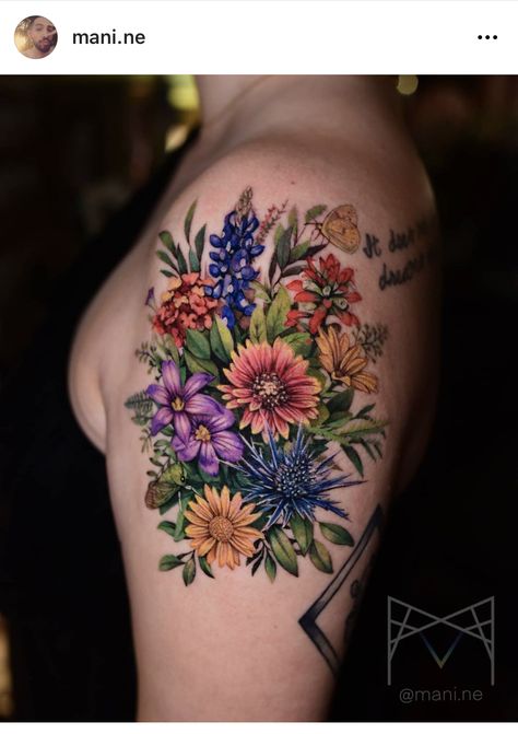 Color Flower Tattoo Sleeve, Birth Flowers Half Sleeve, Shoulder Color Tattoos For Women, Vibrant Tattoos For Women, Flower Color Tattoos, Colorful Leg Tattoos For Women, Half Sleeve Tattoos For Women Upper Arm Color, Colour Flower Tattoos, Fine Line Floral Tattoo Sleeve Color