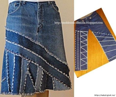 Jeans Into Skirt, Repurpose Old Jeans, Återvinna Jeans, Jeans Refashion, Diy Jeans, Denim Projects, Altered Couture, Denim Ideas, Recycled Jeans