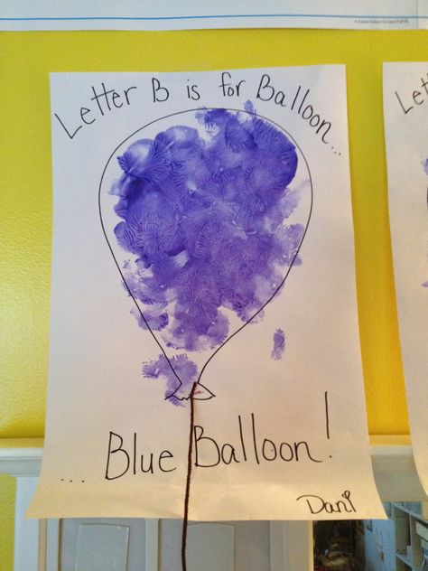 B is for BLUE BALLOON. The children painted with a balloon dipped in blue paint. B Is For Balloon Craft, Blue Art For Preschool, B Activity For Preschool, B For Balloon Craft, Letter B Craft For Toddlers, B Week Preschool Ideas, Letter B Arts And Crafts For Toddlers, Letter B Activities For Preschool Crafts Art Projects, Preschool Letter B Crafts