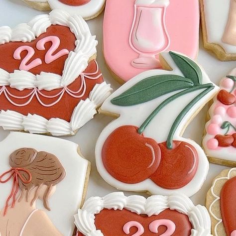 Cherry Decorated Cookies, 23 Birthday Cookies, Cherry Cookies Decorated, 22 Birthday Cookies, 24th Birthday Cookies, Birthday Cookies For Women, Birthday Cookies Decorated Woman, Cherry Sugar Cookies, Coquette Cookies