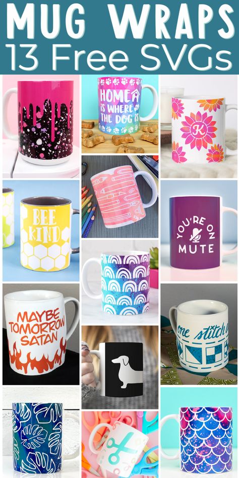 Download this cute mug wrap SVG file plus 12 other sublimation mug designs for free! A great way to get started making mugs for gifts! #mugs #cricut #cricutmade Free Mug Press Designs, Cricut Infusible Ink Mugs, Cricut Mug Ideas, Cricut Mug Press Designs, Mug Wrap Svg, Mug Press Designs, Cricut Mugs, Cricut Cups, Diy Mug Designs