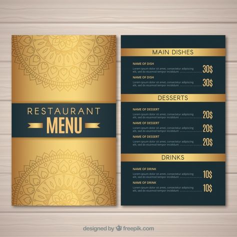 Elegant menu template with golden color | Premium Vector #Freepik #vector #logo #food #menu #gold Menu Cover Design, Craft Beer Shop, Hotel Menu, Dessert Restaurants, Menu Card Design, Digital Printing Services, Catalogue Design, Food Menu Template, Restaurant Menu Template