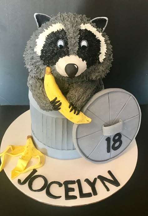 Trash Panda! Raccoon Birthday Party, Raccoon Birthday Party Ideas, Raccoon Cake Ideas, Raccoon Cake Birthday, Raccoon Hunting Cake, Fondant Raccoon Tutorial, Raccoon Cake Pop, Raccoon Cake, Raccoon Party