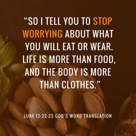 Luke 12:22-23 #GodsWord #Bible #Worry #Food #Clothing #GodLovesYou #GodProvides Everyday English, Luke 12, God Will Provide, Stop Worrying, God Loves You, Holy Spirit, Bible Verse, No Worries, Verses