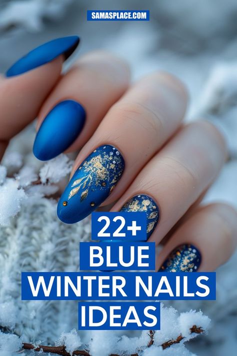 Matte royal blue nails adorned with delicate snowflakes and golden accents. This design is classy yet festive, capturing winter elegance. Matte Royal Blue Nails, Blue Winter Nails, Royal Blue Nails Designs, Winter Nails Art, Winter Nails Ideas, Winter Nail Art Ideas, Festive Holiday Nails, Blue Matte Nails, Blue And Silver Nails