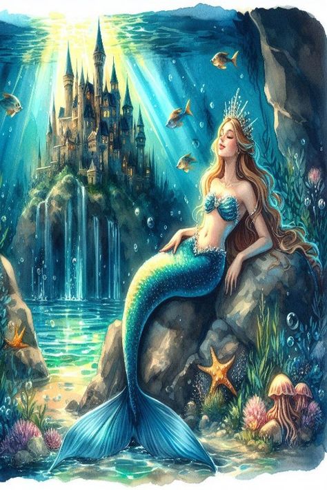 Mermaids Underwater Castle. Check more: https://paintlyx.com/mermaids-underwater-castle/ Mermaids Underwater, Underwater Castle, Mer People, Mermaid Castle, Mermaid Art, A Mermaid, Castle, Mermaid, Art