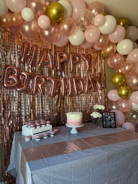 Birthday Party Decorations Pink And Gold, Pink Rose Gold Birthday Decor, Rose Gold Birthday Decoration Ideas, Pink Birthday Party Backdrop, Pink Gold Birthday Party Decorations, Birthday Party Ideas Pink And Gold, 13 Birthday Decor, Gold And Pink Birthday Party Decorations, 50th Birthday Ideas For Women Pink