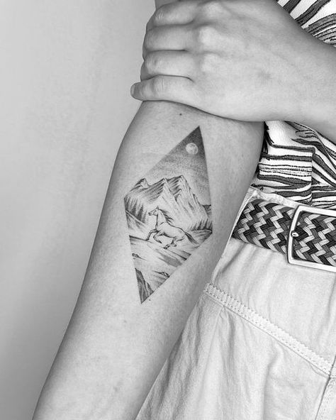 Horse With Mountains Tattoo, Horse And Mountain Tattoo, Horse Mountain Tattoo, Horse Memorial Tattoo, Minimalist Horse Tattoo, Horse Tattoo Ideas, Mustang Tattoo, Tattoo Horse, Horse Tattoos