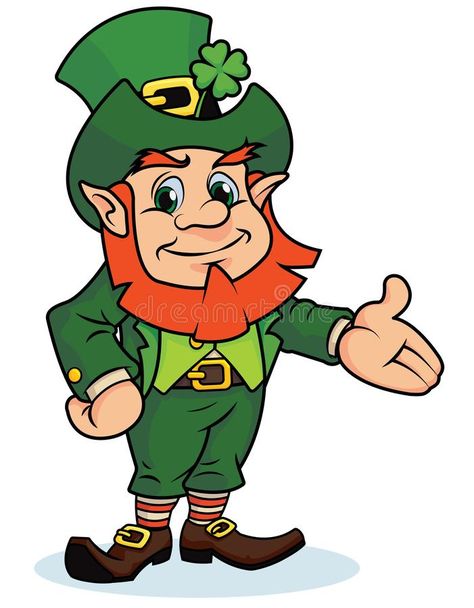 Happy Leprechaun With Arm Out. Happy, smiling, cartoon leprechaun with arm out presenting with black outlines isolated on a white background vector illustration Cartoon Leprechaun, Leprechaun Pictures, Cartoon Present, Bunting Template, St Patricks Day Wallpaper, St Patricks Crafts, Pot Art, Calendar March, Flower Pot Art