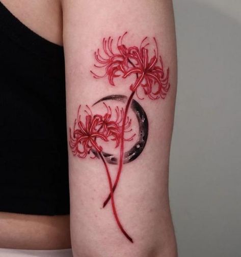 Unveiling the Beauty and Symbolism of Spider Lily Tattoos | Art and Design Lily Drawing Tattoo, Spider Lily Drawing, Tattoo Red And Black, Art Akrilik, Star Tattoo On Shoulder, Lily Tattoo Meaning, Spider Lily Tattoo, Lily Drawing, Lily Tattoos