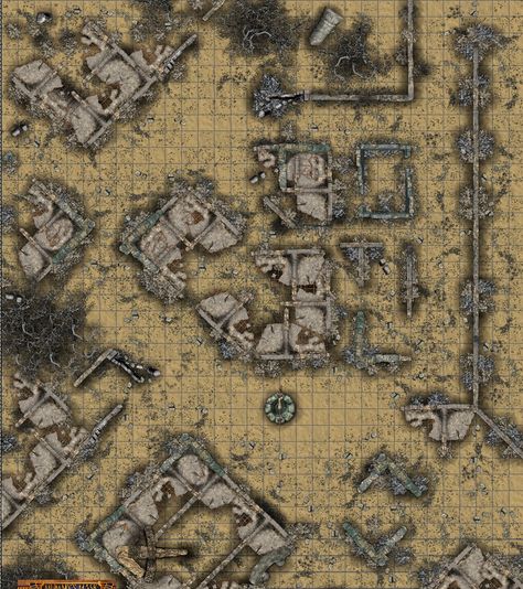 Dnd City Ruins Map, Dnd Wasteland Map, Wasteland Battlemap, Fallout Map, Desert Map, City Ruins, Pathfinder Maps, Fantasy City Map, Dnd World Map