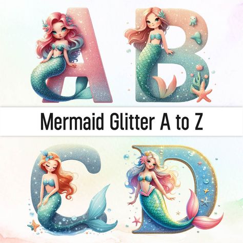 Mermaid Alphabet Letters, Mermaid Alphabet, Mermaid Letters, Letters Watercolor, Font Doodle, Mermaid Font, Mermaid Png, Mermaid Clipart, Glitter Mermaid