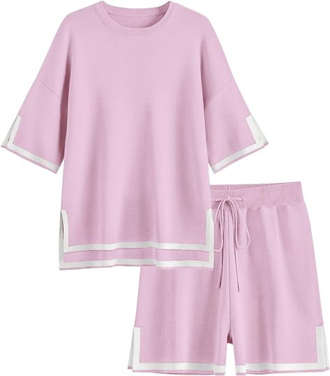 Ekouaer Womens Knit Pajamas Set 2 Piece Sweater Sets Short Sleeve Pullover Tops Loungewear Knit Pajamas, Sweater Sets, Knit Lounge Set, Spring Clothing, Cozy Loungewear, Knitted Tops, Trends 2024, Short Sleeve Pullover, Casual Tops For Women