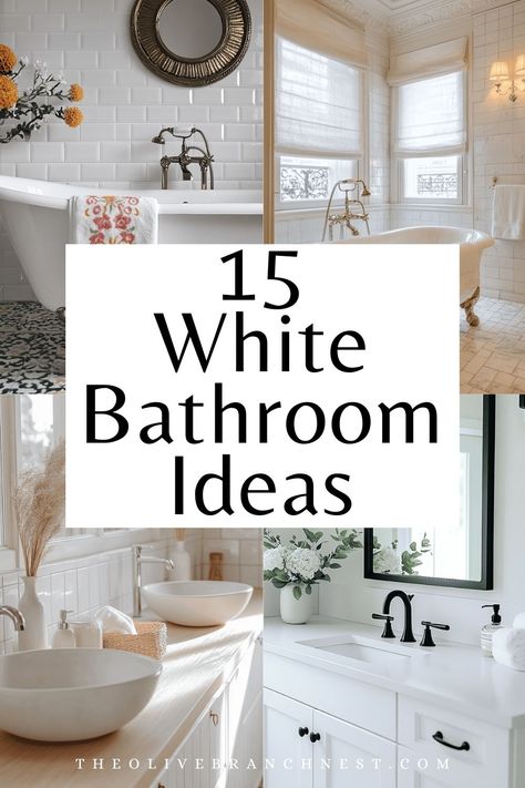 Transform your space with stunning white bathroom ideas that combine classic charm with a modern twist. Whether you prefer the warmth of white and beige or the sophistication of white and gray, these designs are all about creating a clean, elegant atmosphere. Perfect for anyone seeking timeless looks, these ideas inspire serene and inviting bathroom makeovers you'll absolutely love! White Vanity Guest Bathroom, Bathroom With White And Black Tile Floor, Cream Bathrooms Traditional, Small Bathroom Chrome Fixtures, White Beach Bathroom Ideas, White Vanity Marble Top Bathroom, White Oak Bathroom Flooring, White Porcelain Shower Tile, White Bathroom Hardware