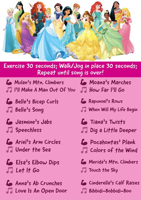 #Workout #Exercise #Disney #DisneyPrincesses Disney Workout Playlist, Disney Princess Workout, Disney Workout Challenge, Jessie Workout, Song Workout Challenge, Disney Movie Workouts, Barbie Workout, Anime Workouts, Disney Workout