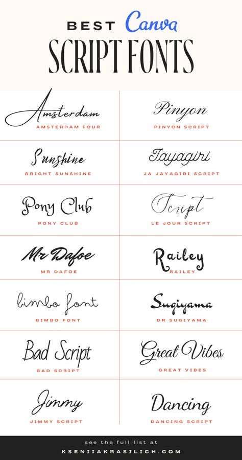 Free Canva Cursive Script Fonts for Designing Winning Projects Script And Serif Font Combinations, Canva Signature Font, Handwritten Canva Fonts, Feminine Font Pairings, Canva Cursive Fonts, Fonts For Business, Canva Keywords, Wedding Invitation Fonts, Feminine Fonts