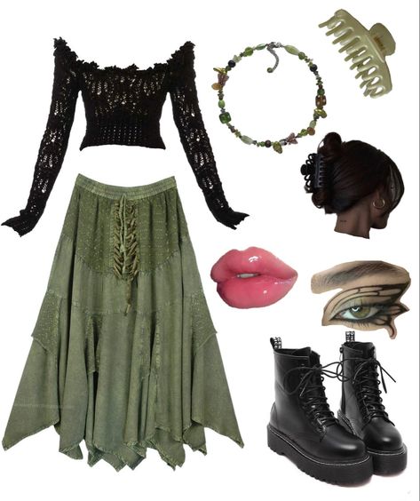 Beautiful Creatures Outfits, Witchy Boho Outfits Plus Size, Portals Outfit Ideas, Green Goth Outfit, Dark Fairy Aesthetic Clothes, Dark Fairy Core Outfits, Summer Witch Outfits, Fae Aesthetic Clothes, Dark Hippie Outfits