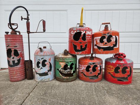 Gas can pumpkins Gas Can Pumpkins Diy, Propane Tank Pumpkins, Propane Tank Art Christmas, Gas Can Pumpkins, Old Metal Gas Can Ideas, Pumpkin Gas Cans, Painted Propane Tanks Ideas Funny, Metal Bucket, Gas Cans