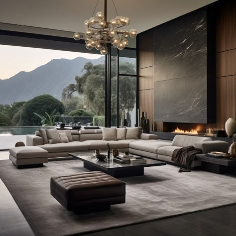 A modern living room with a stylish sofa, a large wall-mounted TV, and chic decorations. Large Living Room Layout, Luxury Living Room Inspiration, Sala Grande, Home Entrance, Luxury Living Room Design, Living Room Design Inspiration, Rustic Home Design, Fancy Houses, Design Room