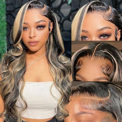 Black With Blonde Highlights, Highlight Lace Front Wig, Human Lace Front Wigs, Ombre Lace Front, Human Hair Color, Wig Human Hair, Black And Blonde, Colored Wigs, Body Wave Wig