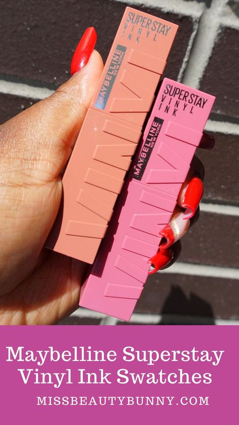 Holding two shades of the Maybelline Superstay Vinyl Ink liquid lipsticks Maybelline Superstay Vinyl Ink, Ink Swatches, Maybelline Lipstick, Maybelline Superstay, Cheap Makeup, Colourpop Cosmetics, Maybelline Super Stay, High End Makeup, Mac Makeup