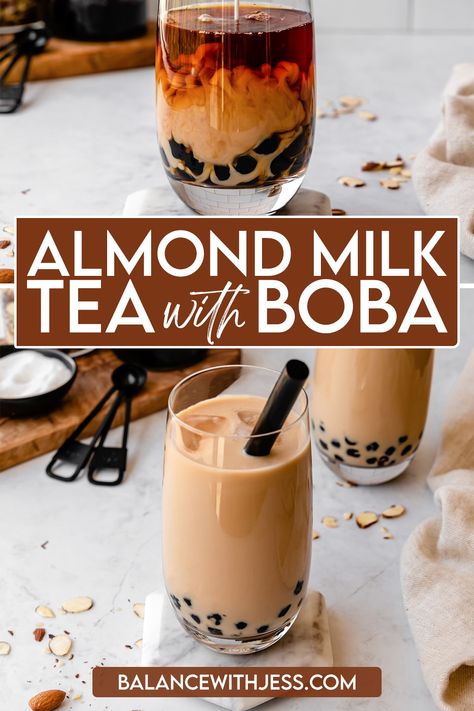 Drinks To Make With Almond Milk, Drinks With Almond Milk, Milk Tea Recipe No Boba, Almond Milk Tea Recipe, Dairy Free Boba Tea, Lychee Bubble Tea, Iced Tea Latte Recipe, Almond Milk Tea, Boba Recipe