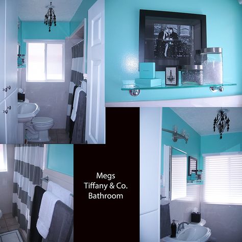 Tiffany & Co. Inspired bathroom. Tiffany Bathroom, Tiffany Inspired Bedroom, Tiffany Blue Bathrooms, Tiffany Bedroom, Blair House, Aqua Bathroom, Teen Bathrooms, Bathroom Redecorating, Girl Bathroom