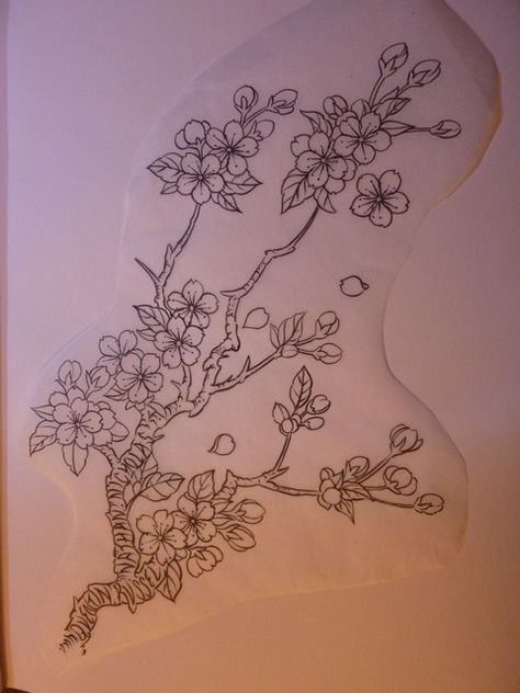 Cherry Blossom Branches Drawing, Japanese Cherry Blossom Leg Tattoo, Flower Tattoo On Chest Female, Big Cherry Blossom Tattoo, Japanese Cherry Blossom Tattoo Stencil, Cherry Bollsom Tattoo, Cherry Blossom Stomach Tattoo, Cherry Blossom Tattoo Sketch, Cherry Blossom Filler Tattoo